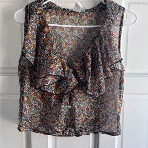teenbell Women's Multicolor Floral Ruffle Button Sleeveless Chiffon Blouse S